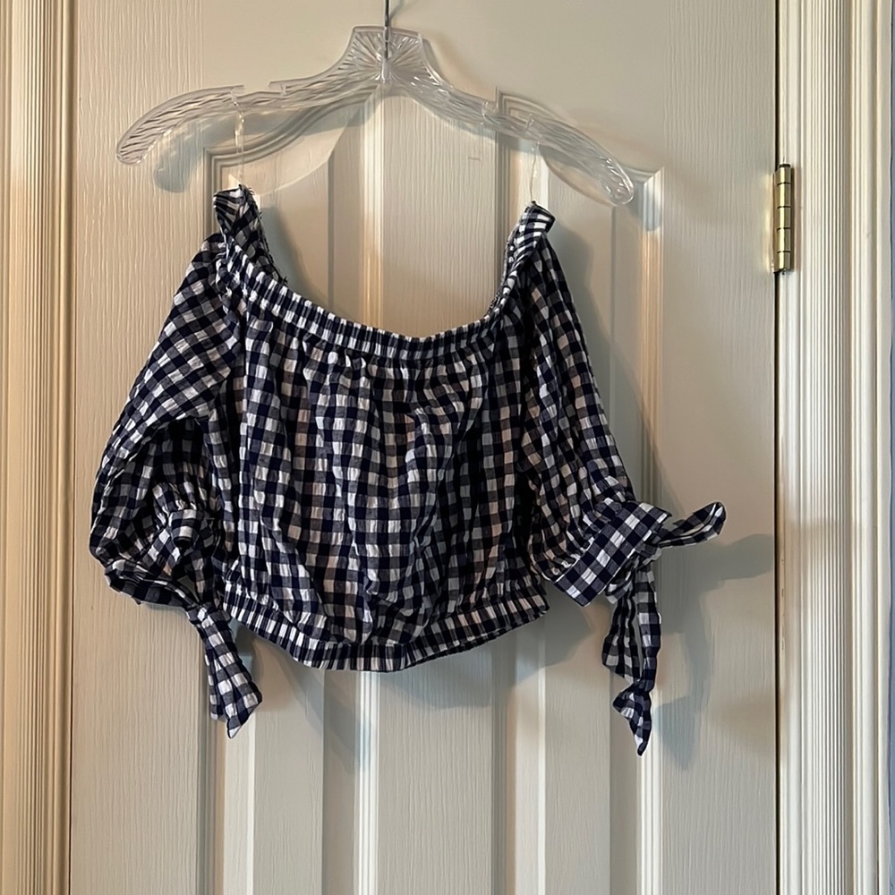 Altar’d State Blue & White Off the Shoulder Crop Top